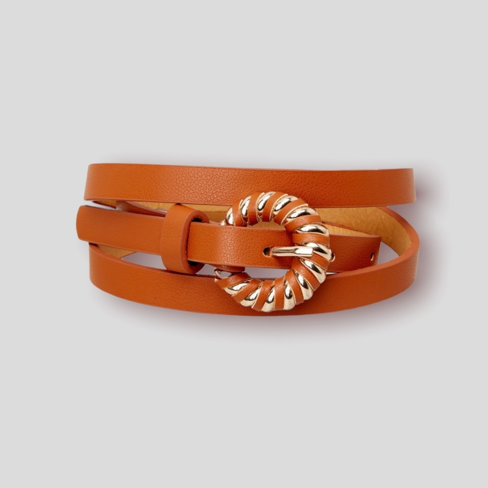 rich cognac color croissant wrap thin belt